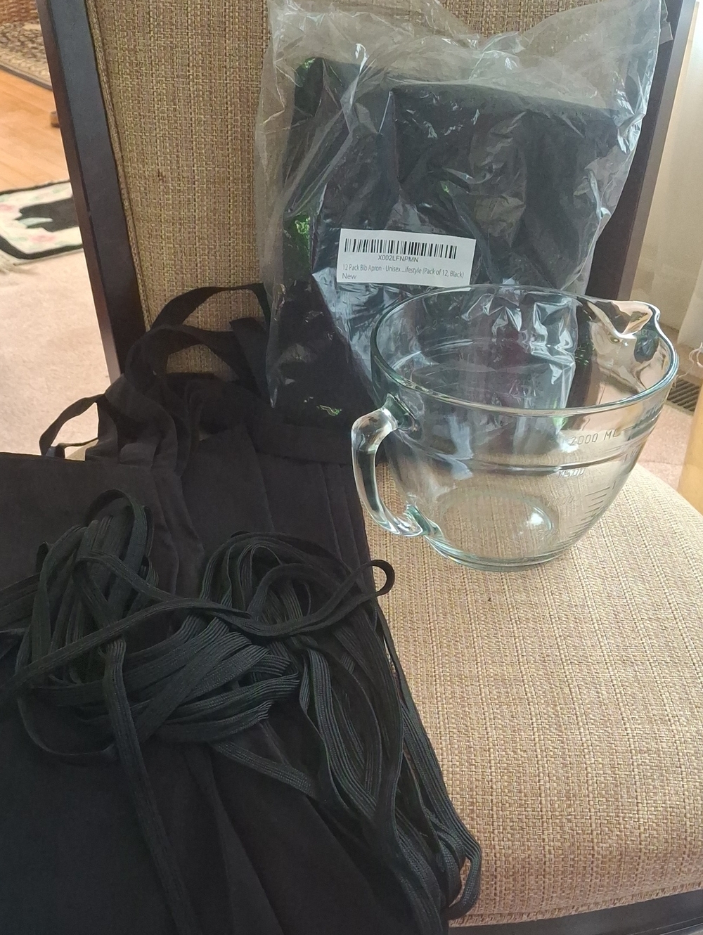Black Kitchen Apron Set with Clear Glass Mixing Bowl